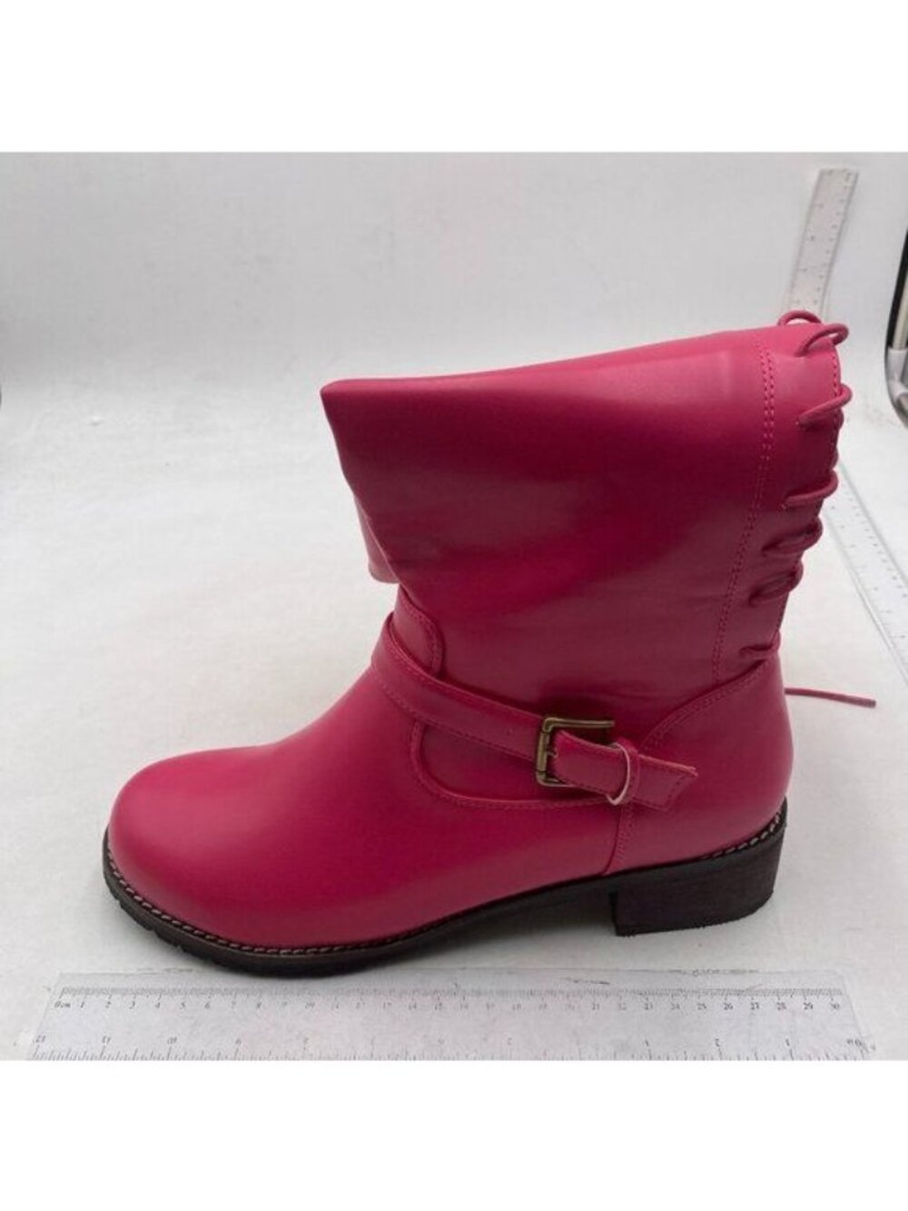Hot Pink Retro Knee High Combat Boot Stacked Block Heels Almond Toe Lace-up Shoe